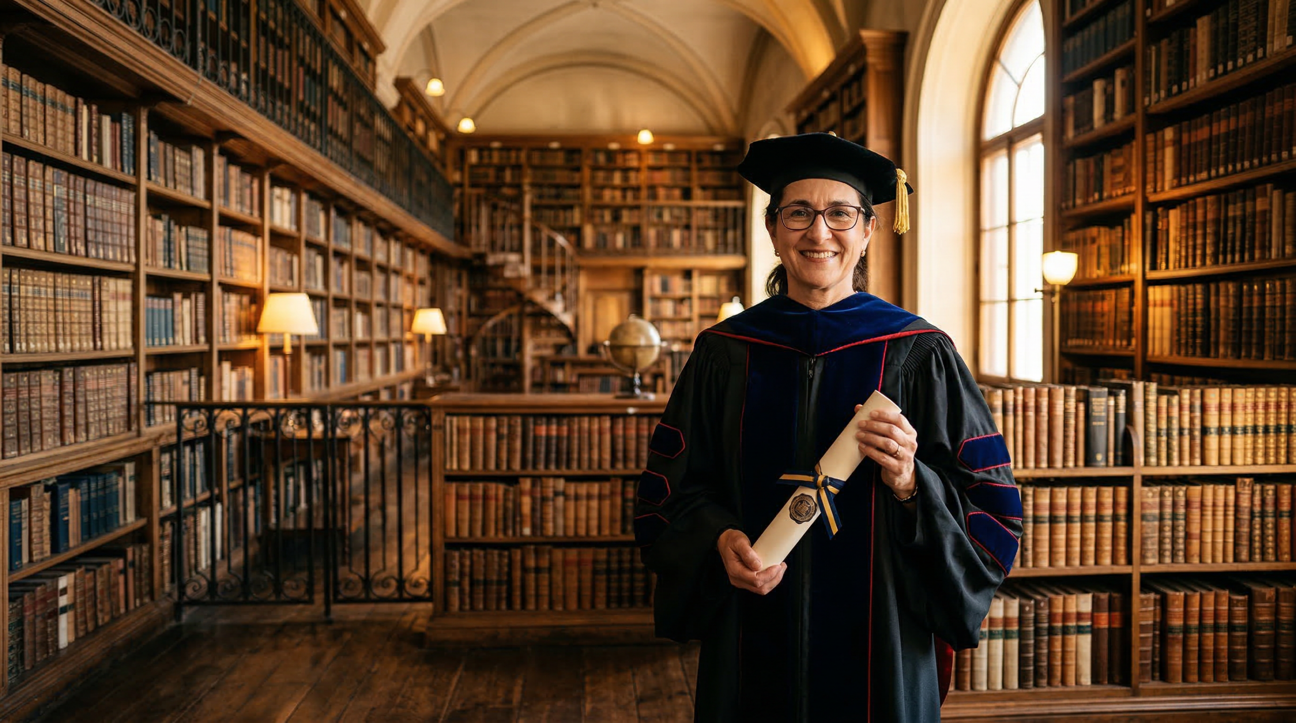 "A scholar in traditional black academic regalia and a graduation cap holding a rolled diploma scroll in a prestigious, sunlit university library with tall bookshelves."