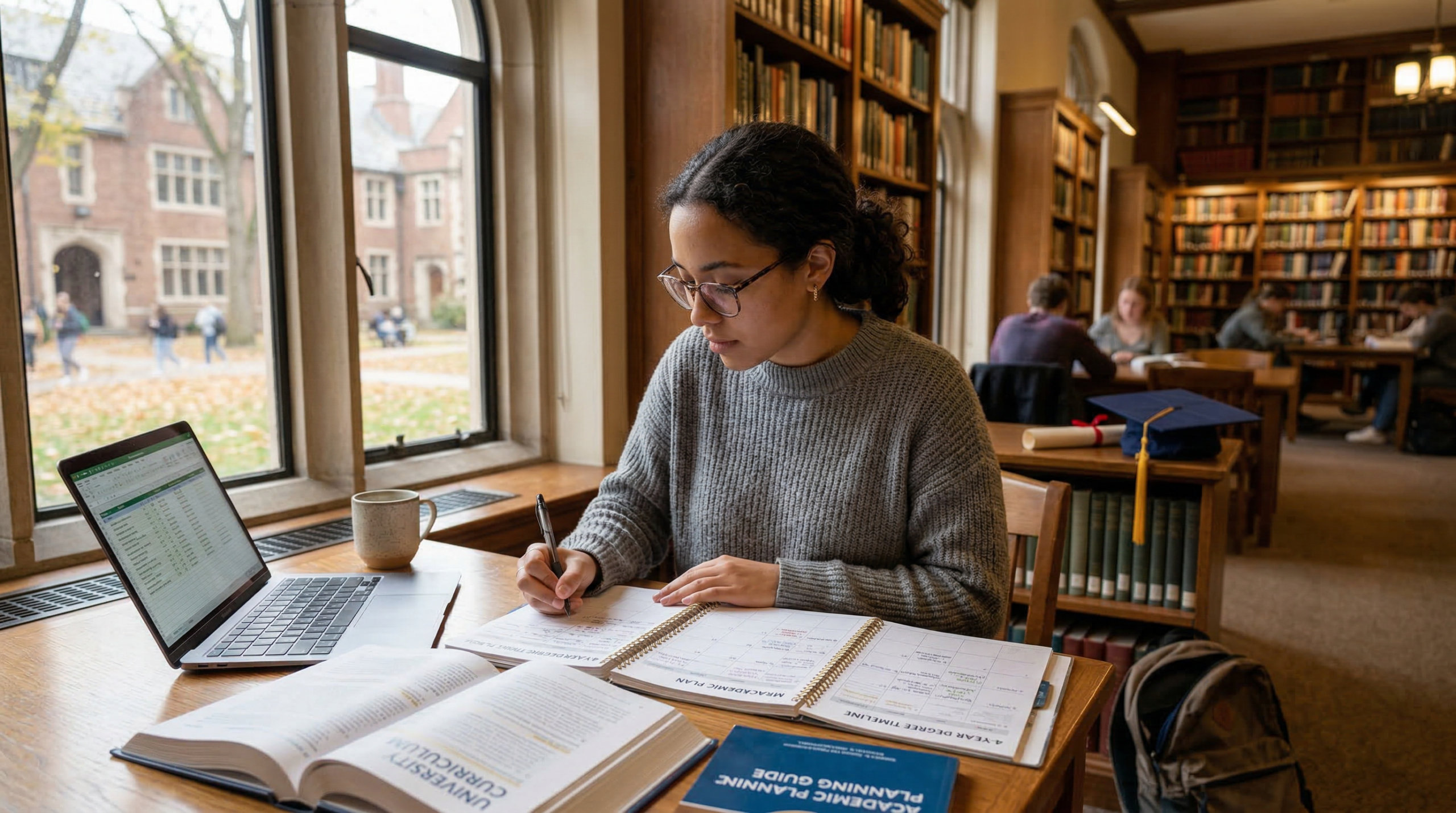 A college student planning their bachelor's degree timeline with textbooks, a laptop, and a graduation cap in a library setting.