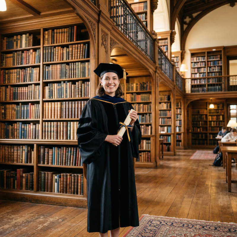 A PhD graduate in academic regalia holding a rolled diploma, standing in a grand university library with tall bookshelves filled with academic volumes and warm scholarly lighting."